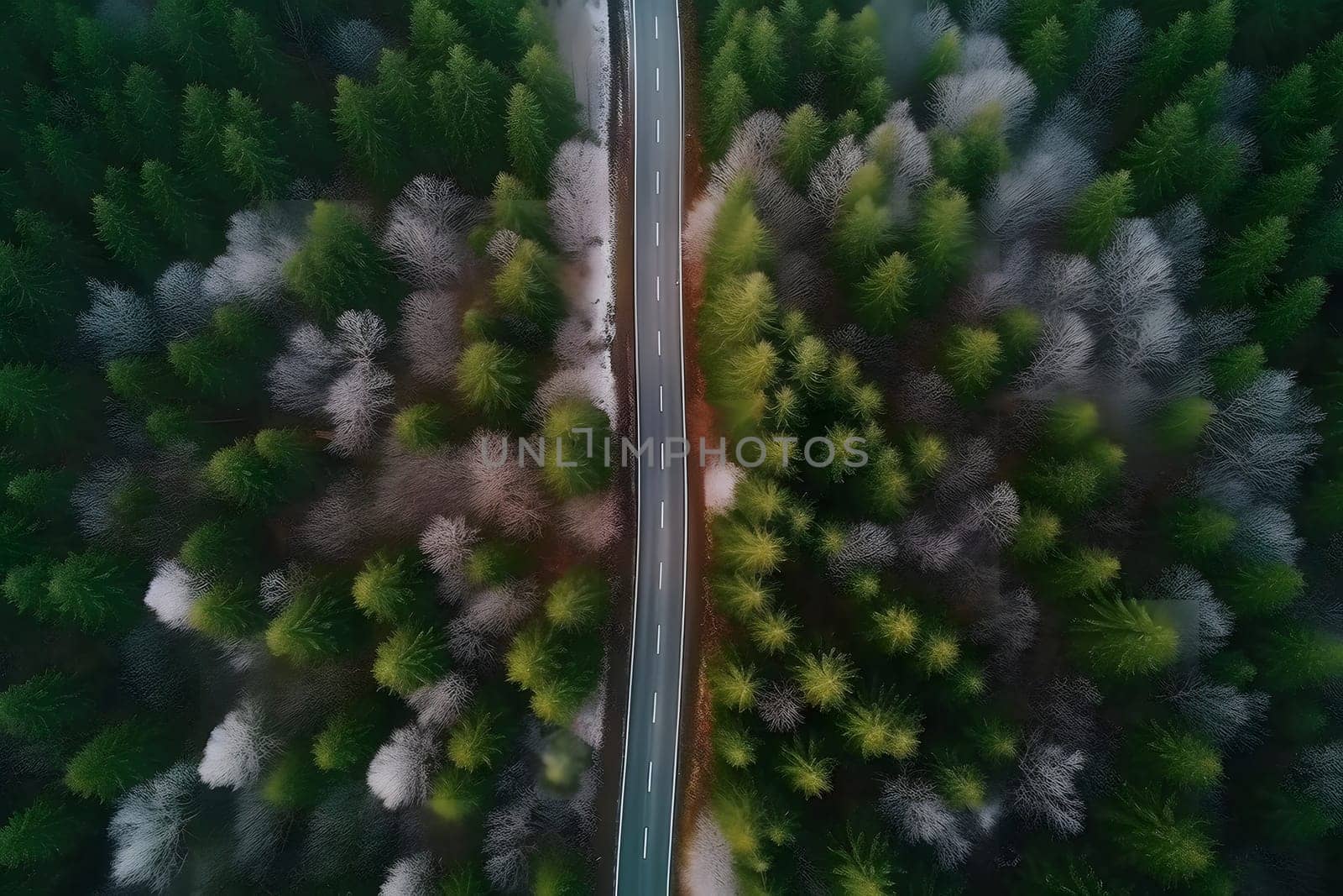 Drone shot above beautiful pine forest road at summer day. Neural network generated in May 2023. Not based on any actual person, scene or pattern.