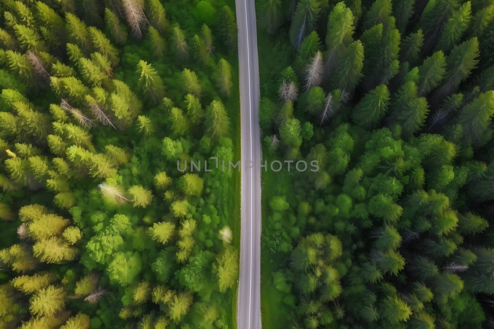 Drone shot above beautiful pine forest road at summer day, neural network generated image by z1b