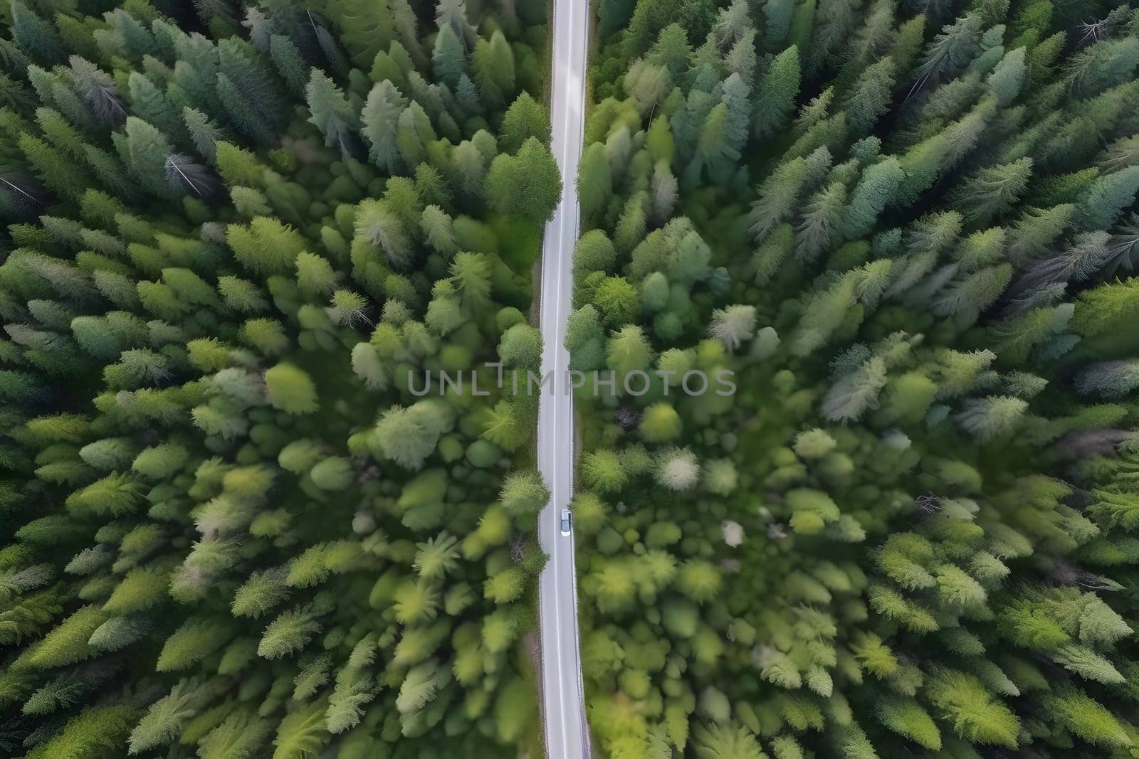 Drone shot above beautiful pine forest road at summer day, neural network generated image by z1b