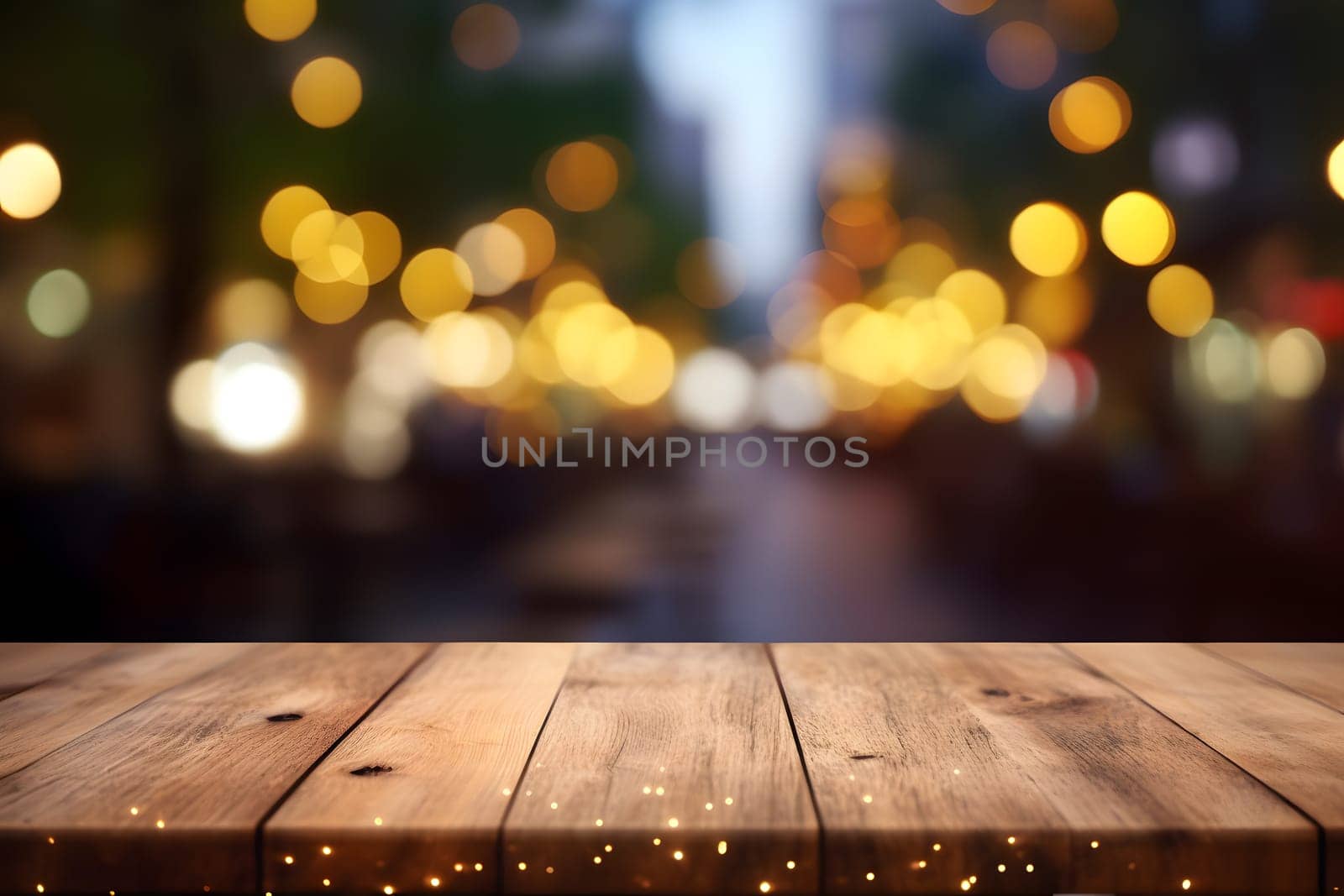 Empty unpainted wooden table top with lights bokeh on blury background. Neural network generated in May 2023. Not based on any actual person, scene or pattern.