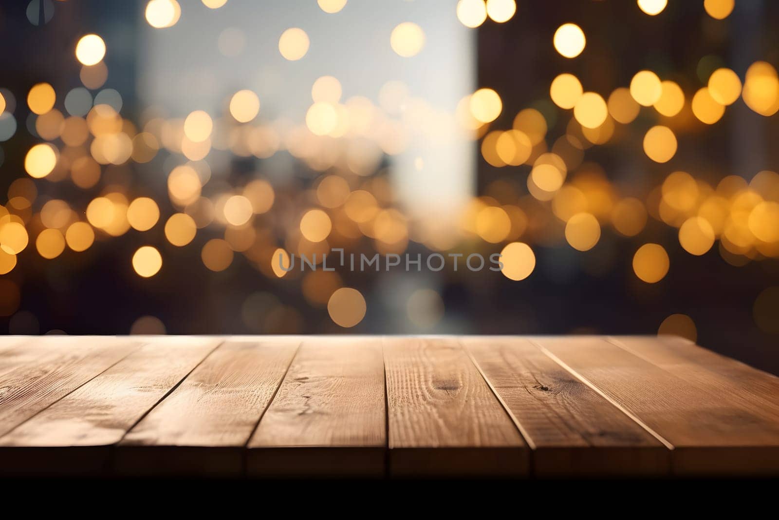 Empty wooden table top with lights bokeh on blury background, neural network generated image by z1b