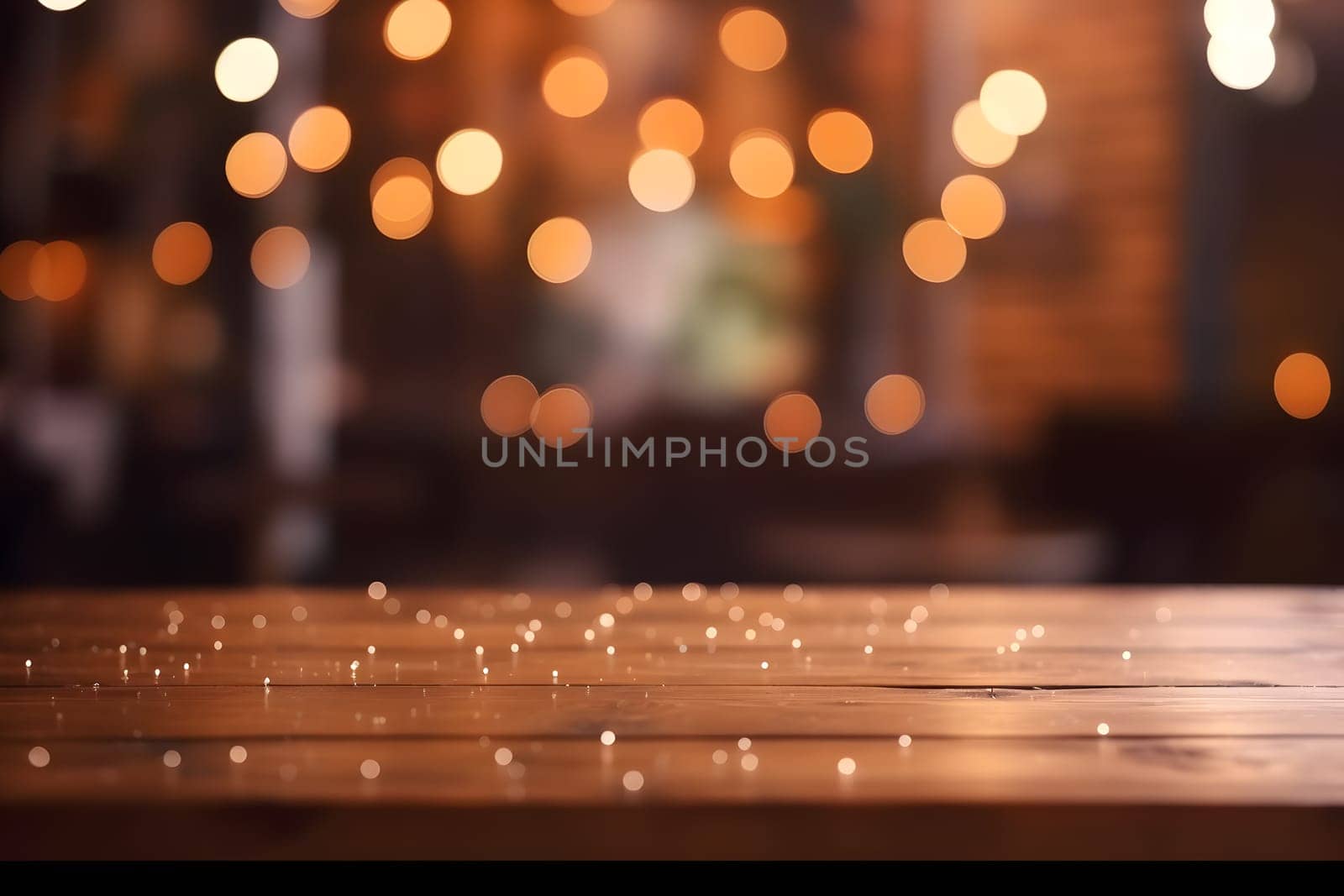 Empty unpainted wooden table top with lights bokeh on blury background. Neural network generated in May 2023. Not based on any actual person, scene or pattern.