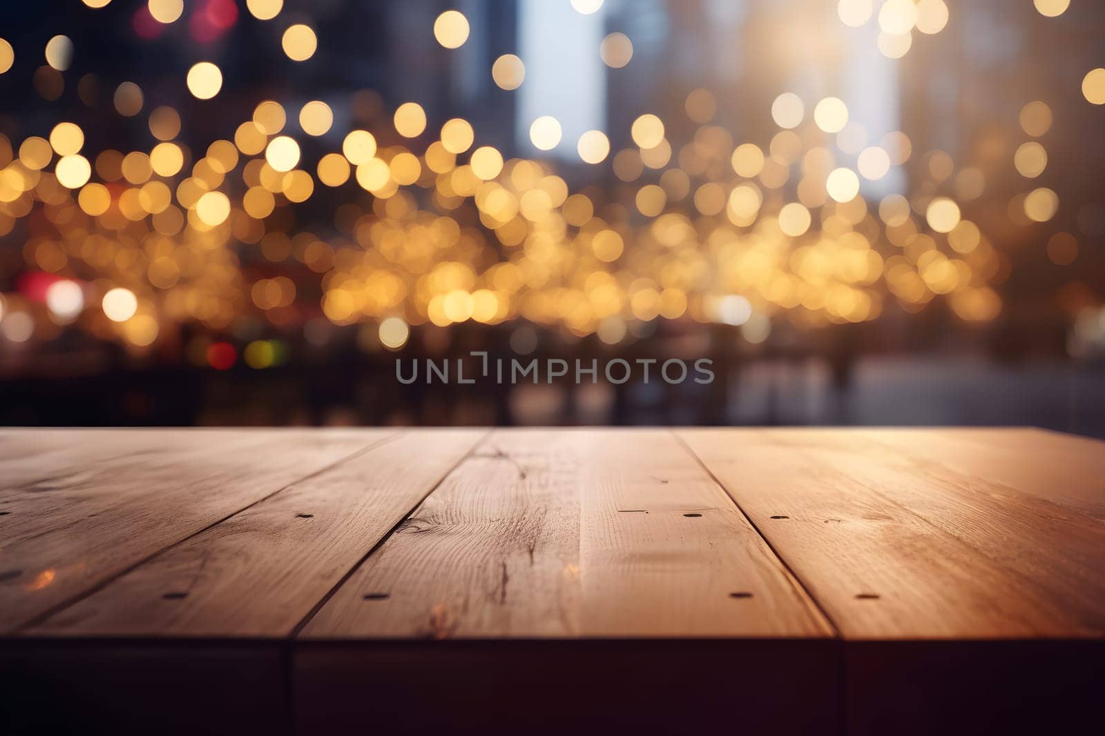 Empty unpainted wooden table top with lights bokeh on blury background. Neural network generated in May 2023. Not based on any actual person, scene or pattern.