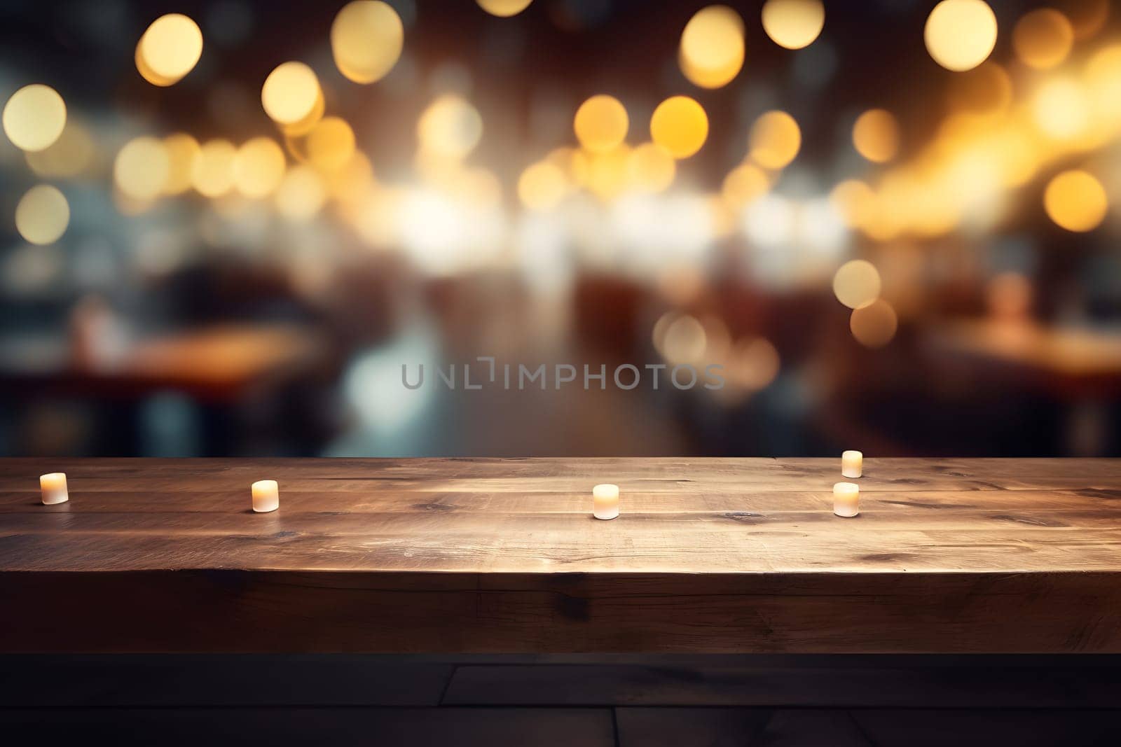 Empty unpainted wooden table top with lights bokeh on blury background. Neural network generated in May 2023. Not based on any actual person, scene or pattern.