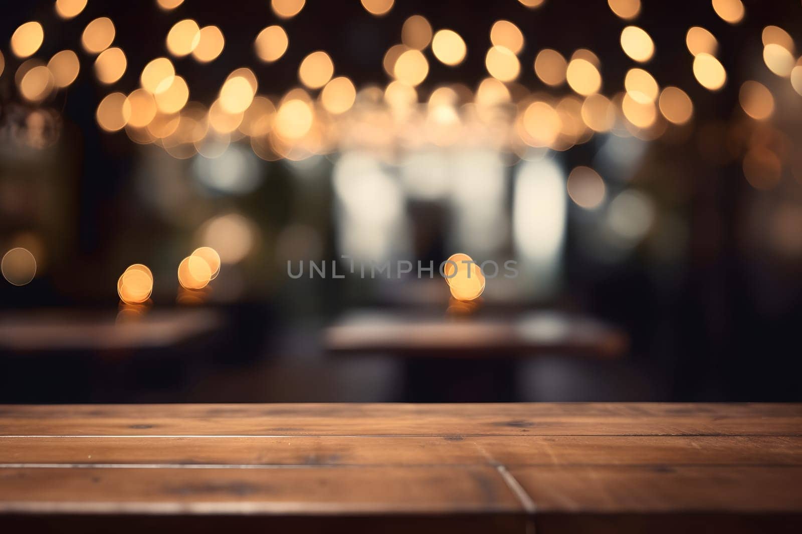 Empty unpainted wooden table top with lights bokeh on blury background. Neural network generated in May 2023. Not based on any actual person, scene or pattern.