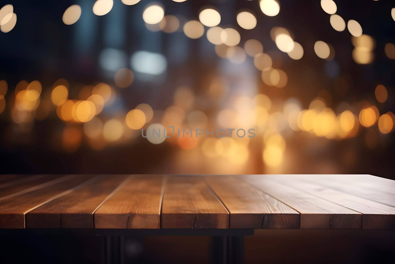Empty unpainted wooden table top with lights bokeh on blury background. Neural network generated in May 2023. Not based on any actual person, scene or pattern.
