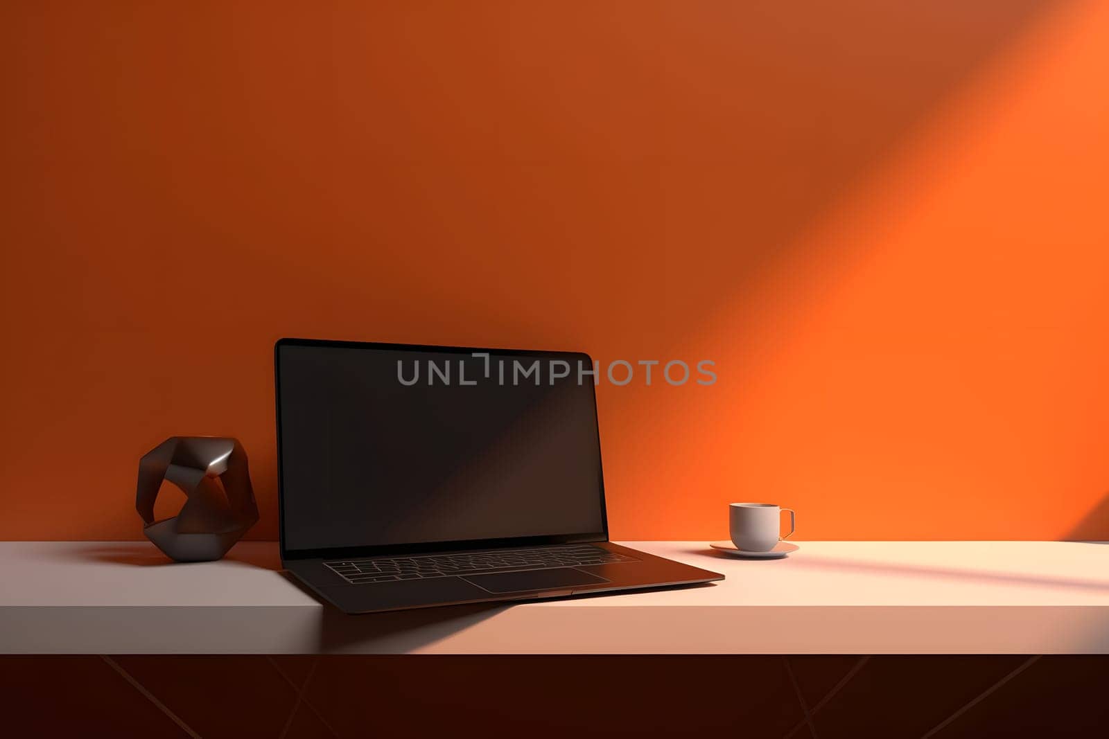 Laptop computer on desk in office in front of an orange wall, neural network generated image by z1b