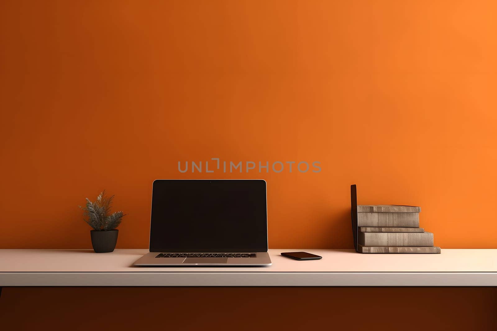 Laptop computer on desk in office in front of an orange wall. Neural network generated in May 2023. Not based on any actual person, scene or pattern.