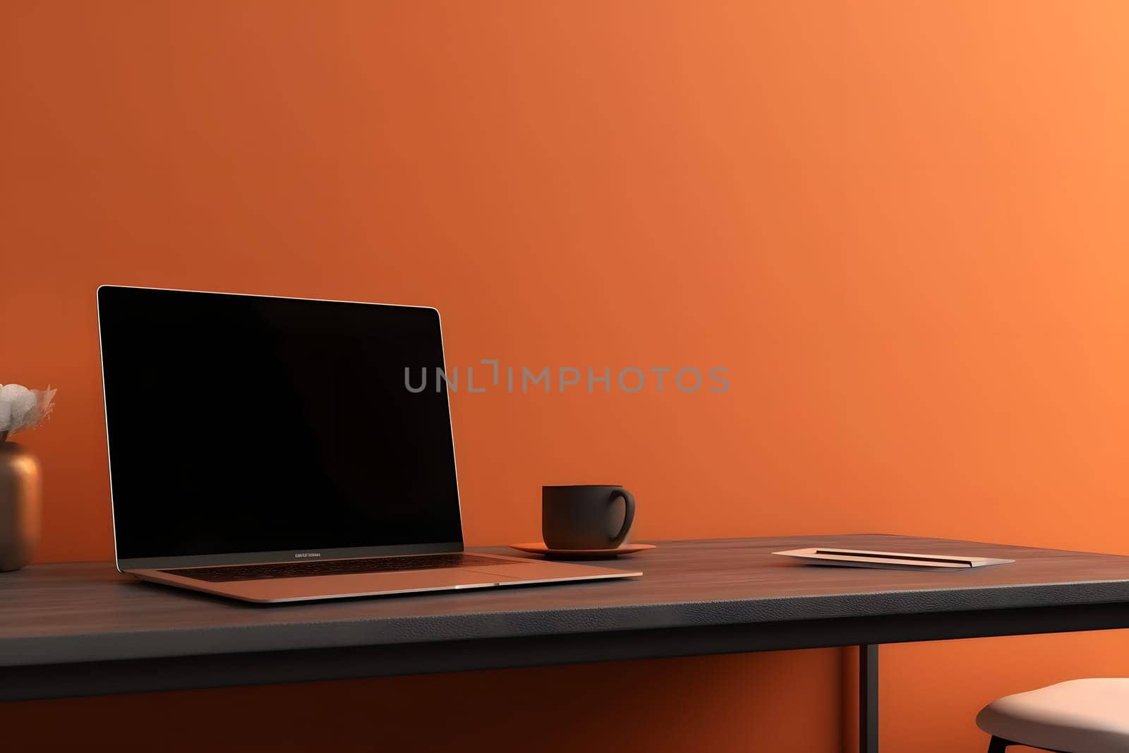 Laptop computer on desk in office in front of an orange wall. Neural network generated in May 2023. Not based on any actual person, scene or pattern.