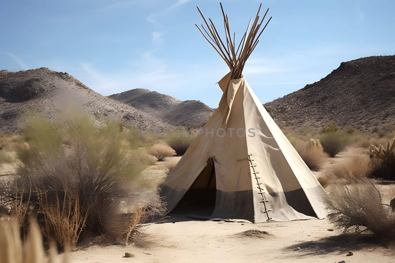 Native American tent in the desert at sunny summer day. Neural network generated in May 2023. Not based on any actual person, scene or pattern.