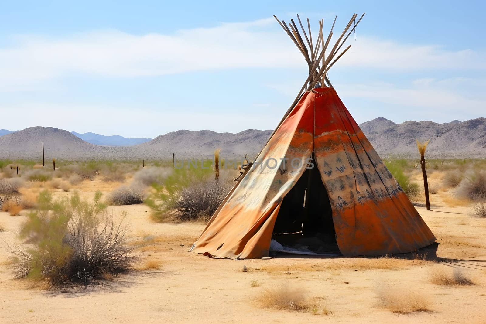 Native American tent in the desert at sunny summer day. Neural network generated in May 2023. Not based on any actual person, scene or pattern.