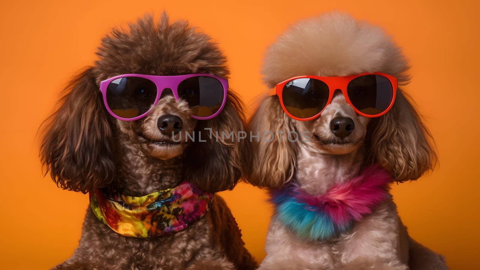 Two poodles with funky sunglasses on orange background. Neural network generated in May 2023. Not based on any actual person, scene or pattern.