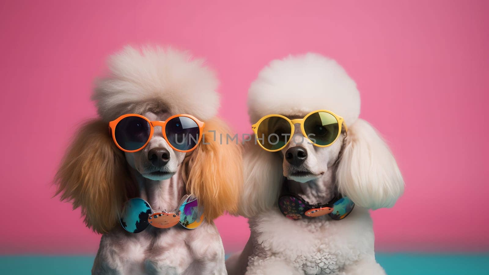 Two poodles with funky sunglasses on pink background. Neural network generated in May 2023. Not based on any actual person, scene or pattern.