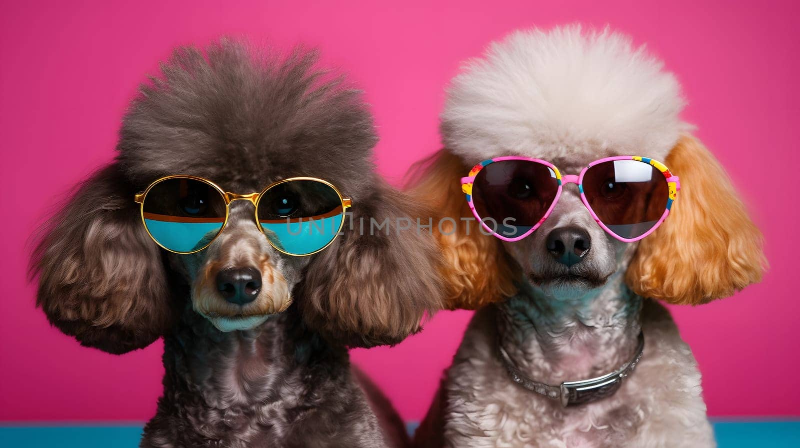 Two poodles with funky sunglasses on pink background. Neural network generated in May 2023. Not based on any actual person, scene or pattern.