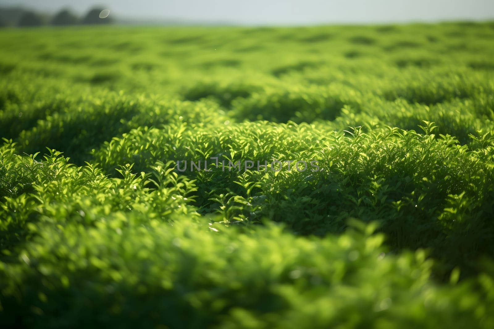 Rows of green crops with selective focus at summer day light. Neural network generated in May 2023. Not based on any actual person, scene or pattern.
