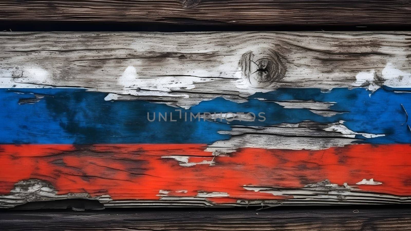 Russian flag colored barn wall, decayed old flaking paint on rotten wood surface, neural network generated image by z1b