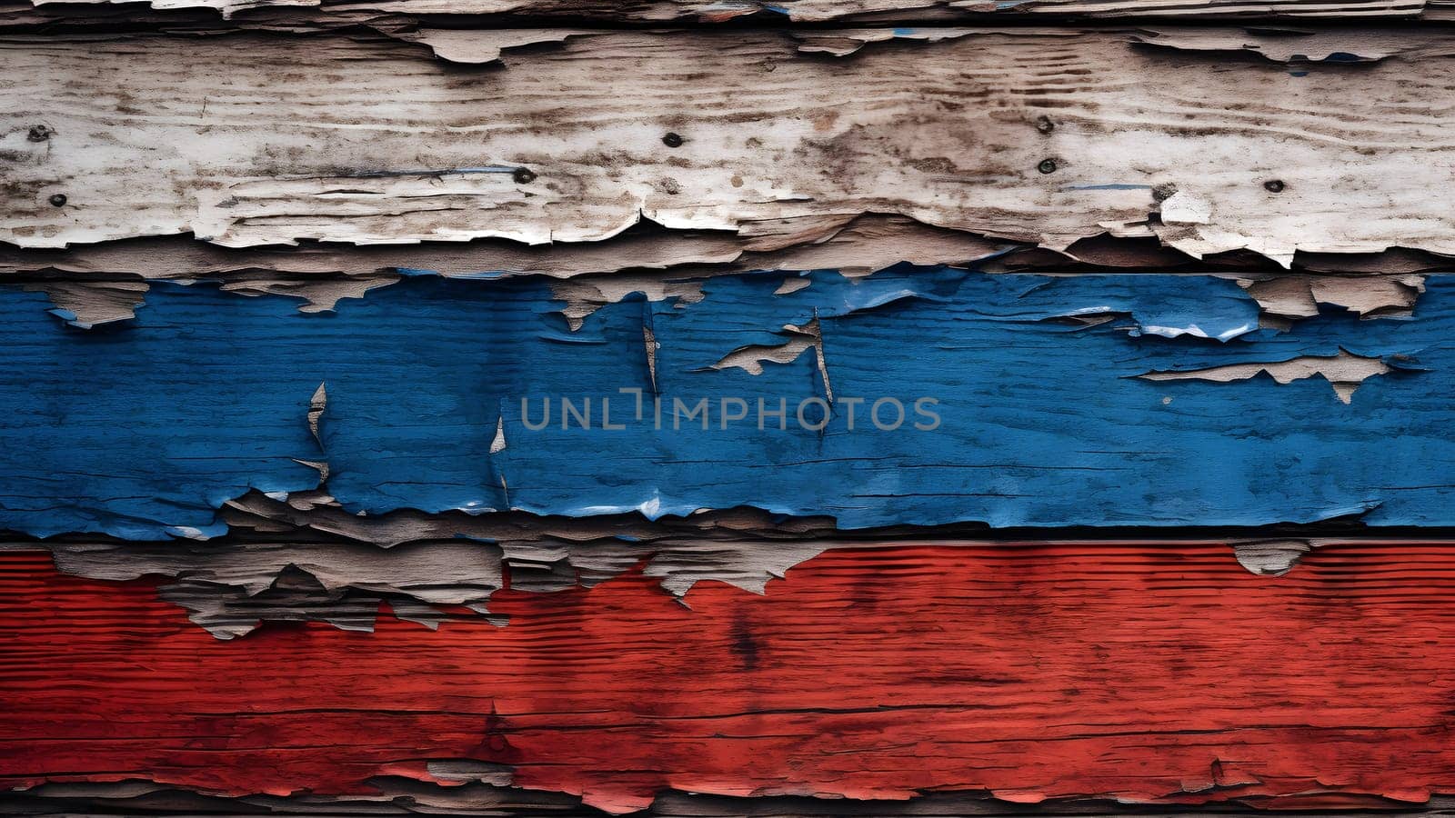 Russian flag colored barn wall, decayed old flaking paint on rotten wood surface, neural network generated image by z1b