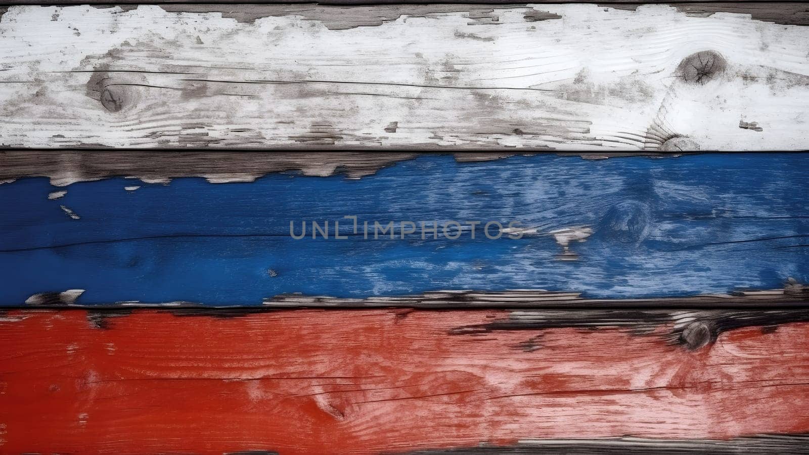 Russian flag colored barn wall, decayed old flaking paint on rotten wood surface. Neural network generated in May 2023. Not based on any actual person, scene or pattern.