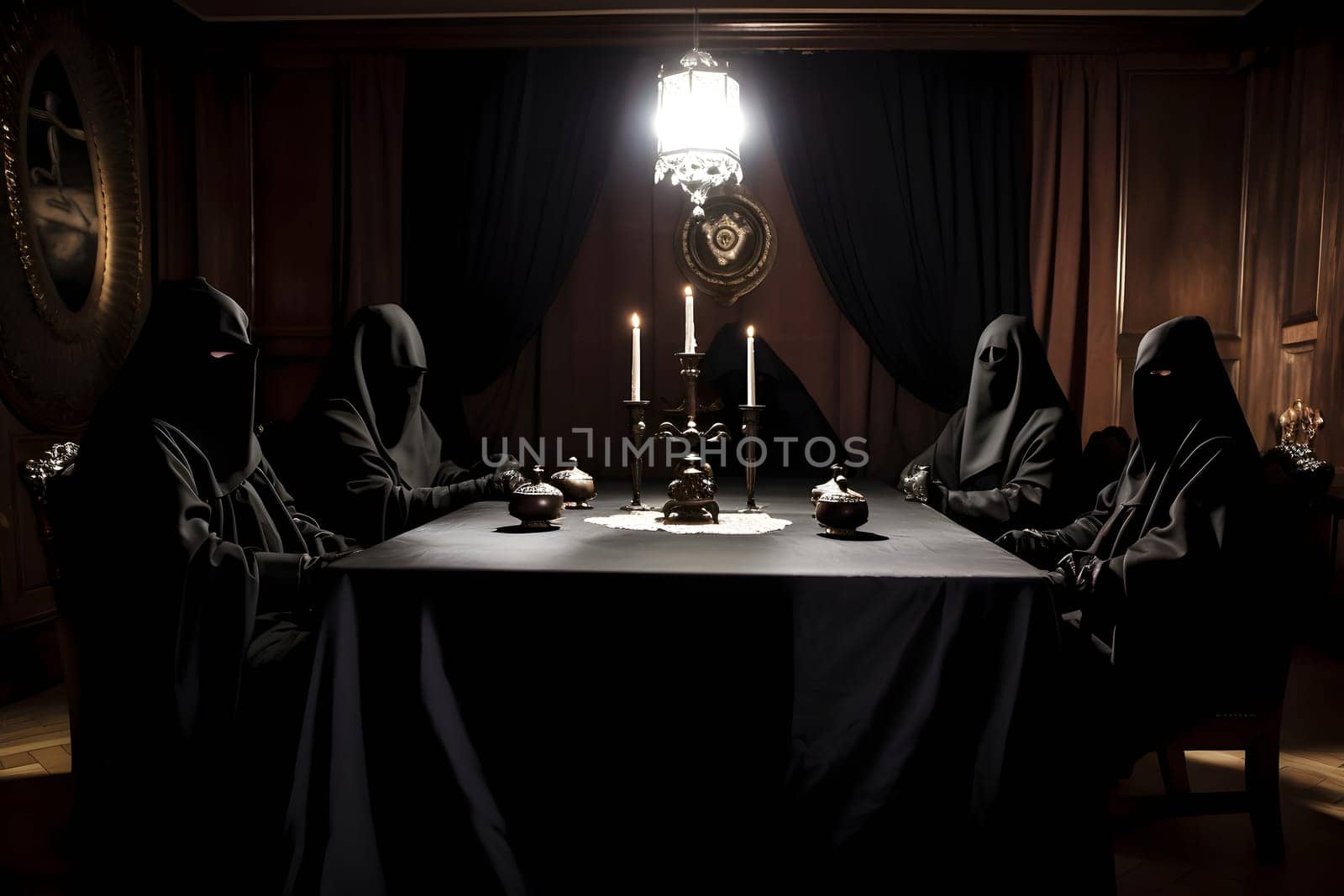 Secret society at a round table sitting in long black robes with hoods and masks. Neural network generated in May 2023. Not based on any actual person, scene or pattern.