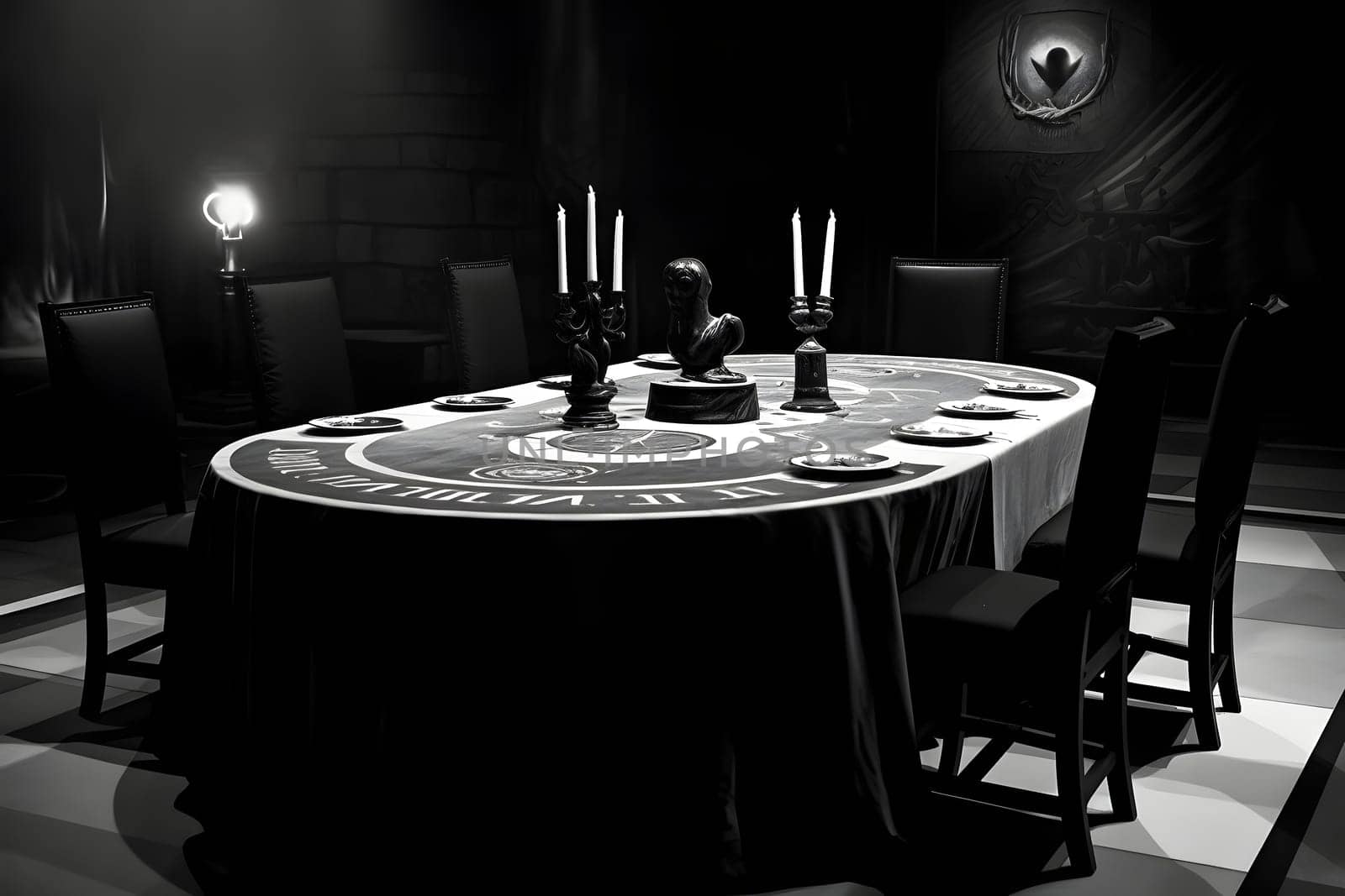 Secret society black oval table with mysterious symbols, candles. Neural network generated in May 2023. Not based on any actual person, scene or pattern.
