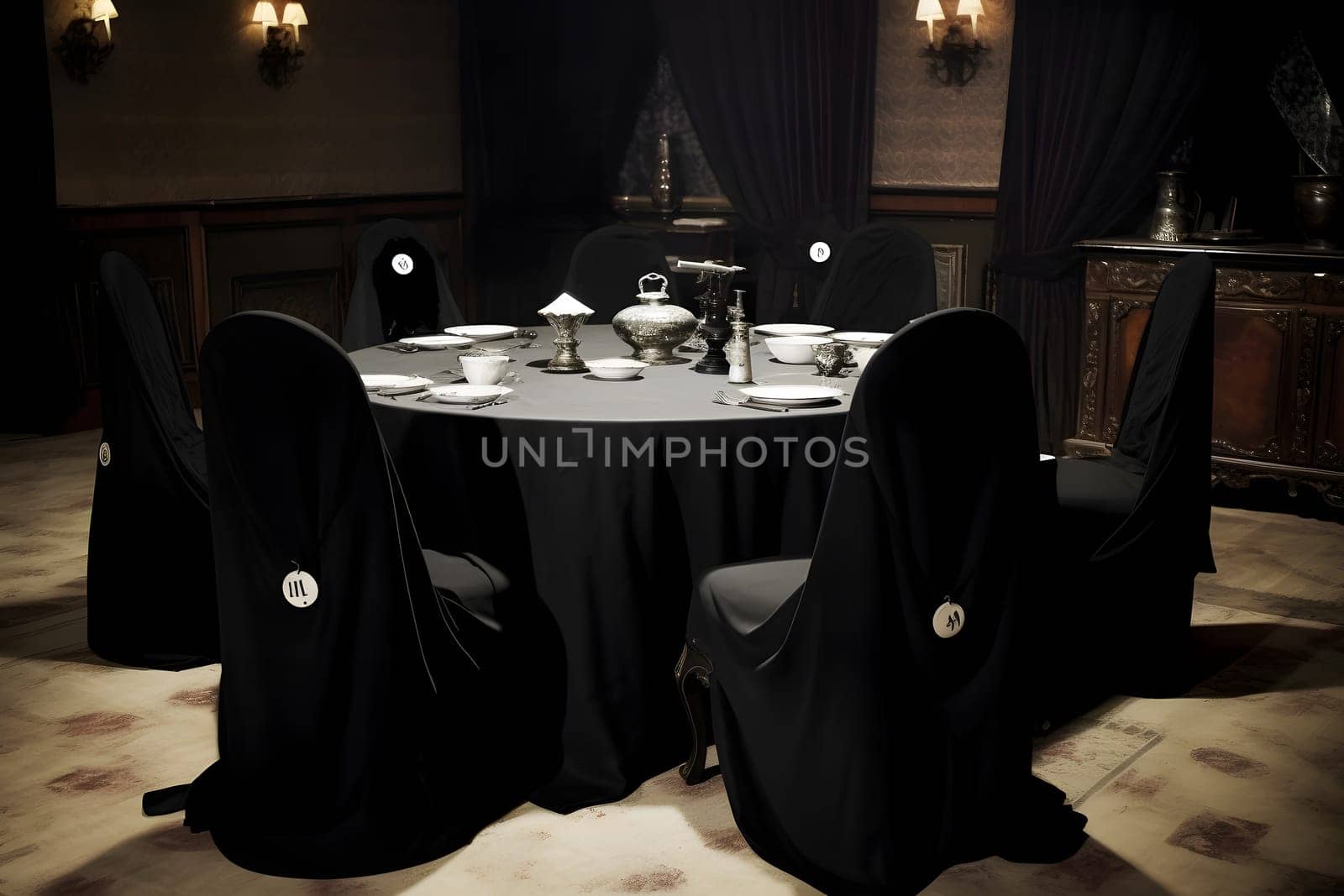 Secret society black round table with mysterious symbols, candles. Neural network generated in May 2023. Not based on any actual person, scene or pattern.