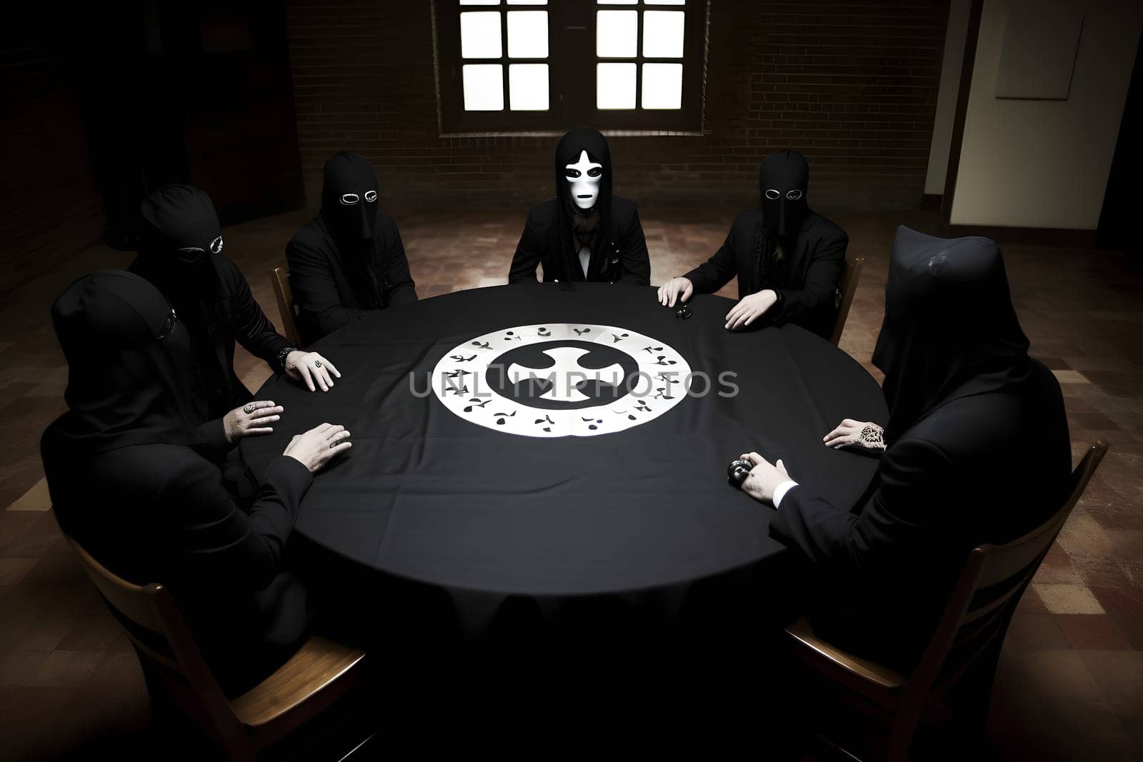 Secret society at a round table sitting in long black robes with hoods and masks. Neural network generated in May 2023. Not based on any actual person, scene or pattern.