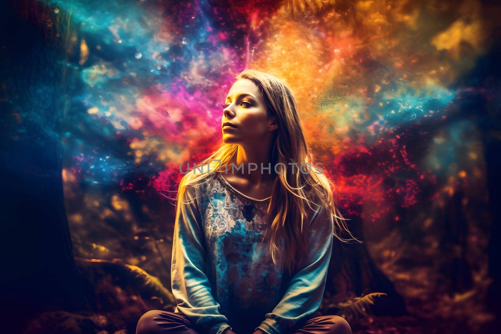 Blonde caucasian woman meditating with colourful nature energy appearing around, neural network generated image by z1b