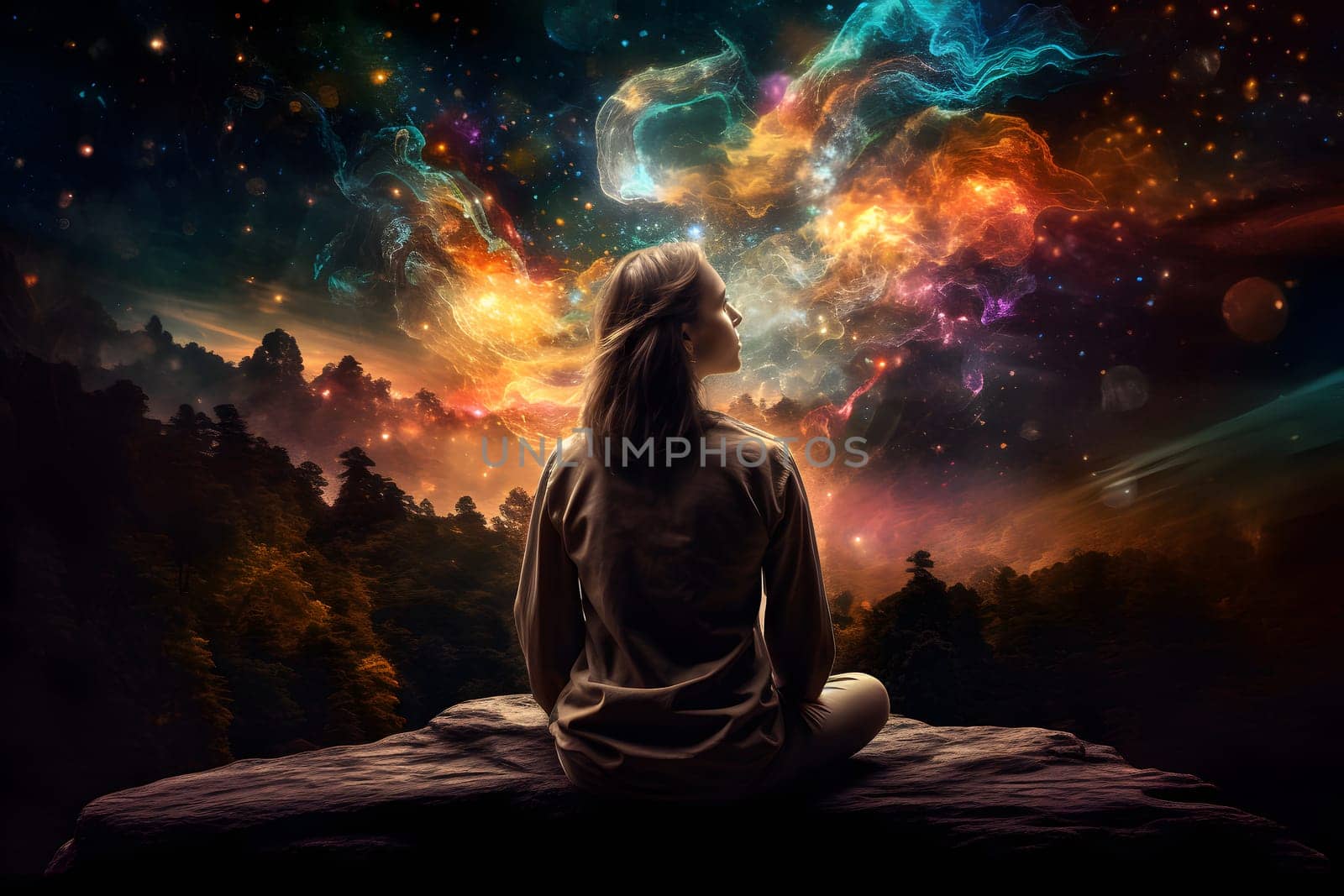 Woman meditating with colourful nature energy appearing around, neural network generated image by z1b