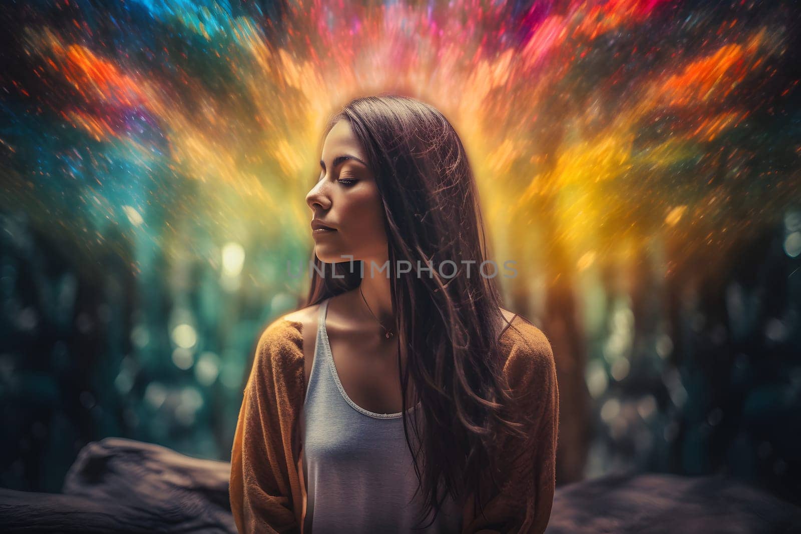 Woman meditating with colourful nature energy appearing around, neural network generated image by z1b