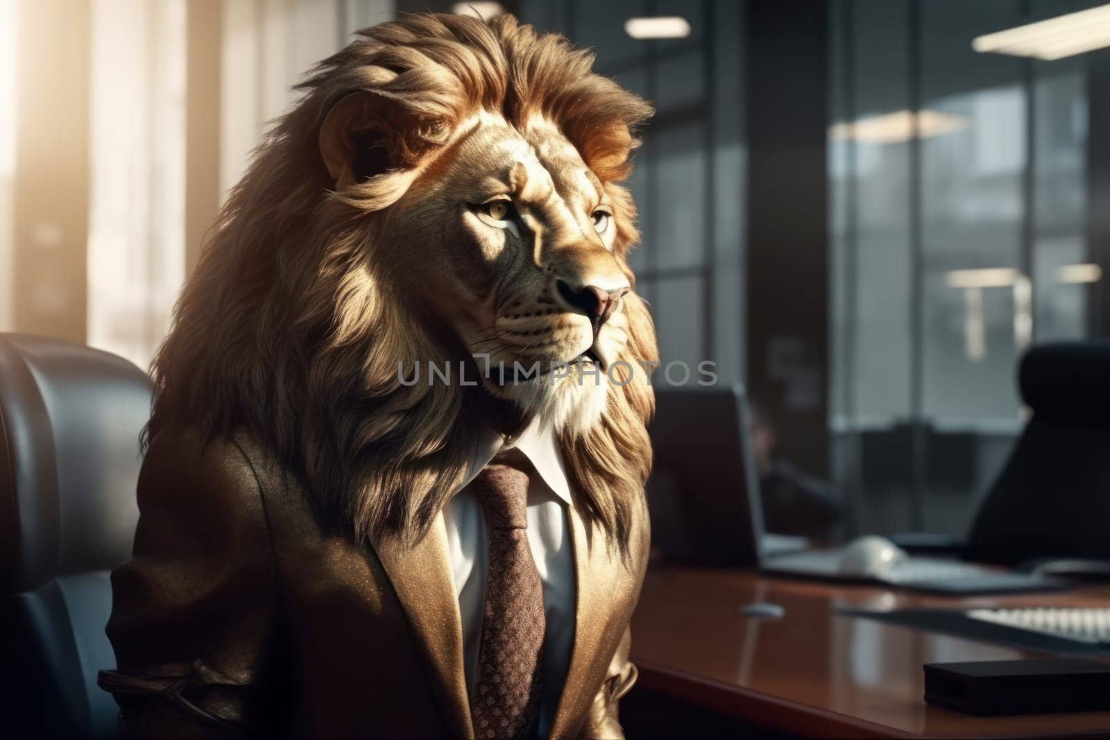This photo of a lion in a suit and tie captures the unique fashion and style of this animal, a perfect addition to any contemporary decor. AI Generative.
