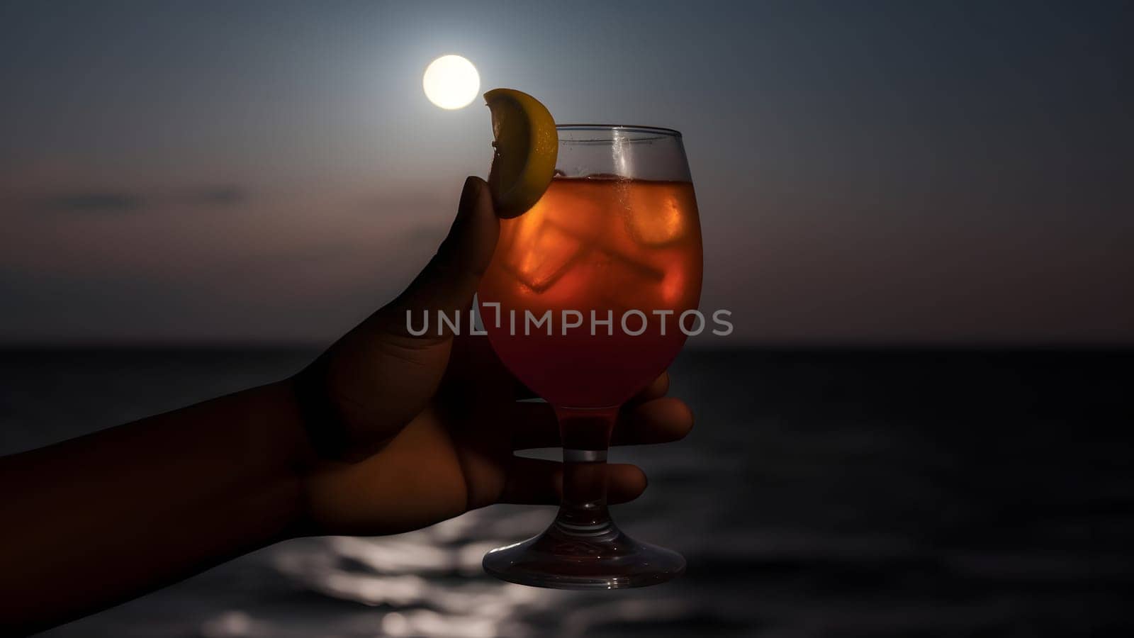 african american hand holding glass of cocktail on blurry sea horizon background at full moon night, neural network generated image by z1b