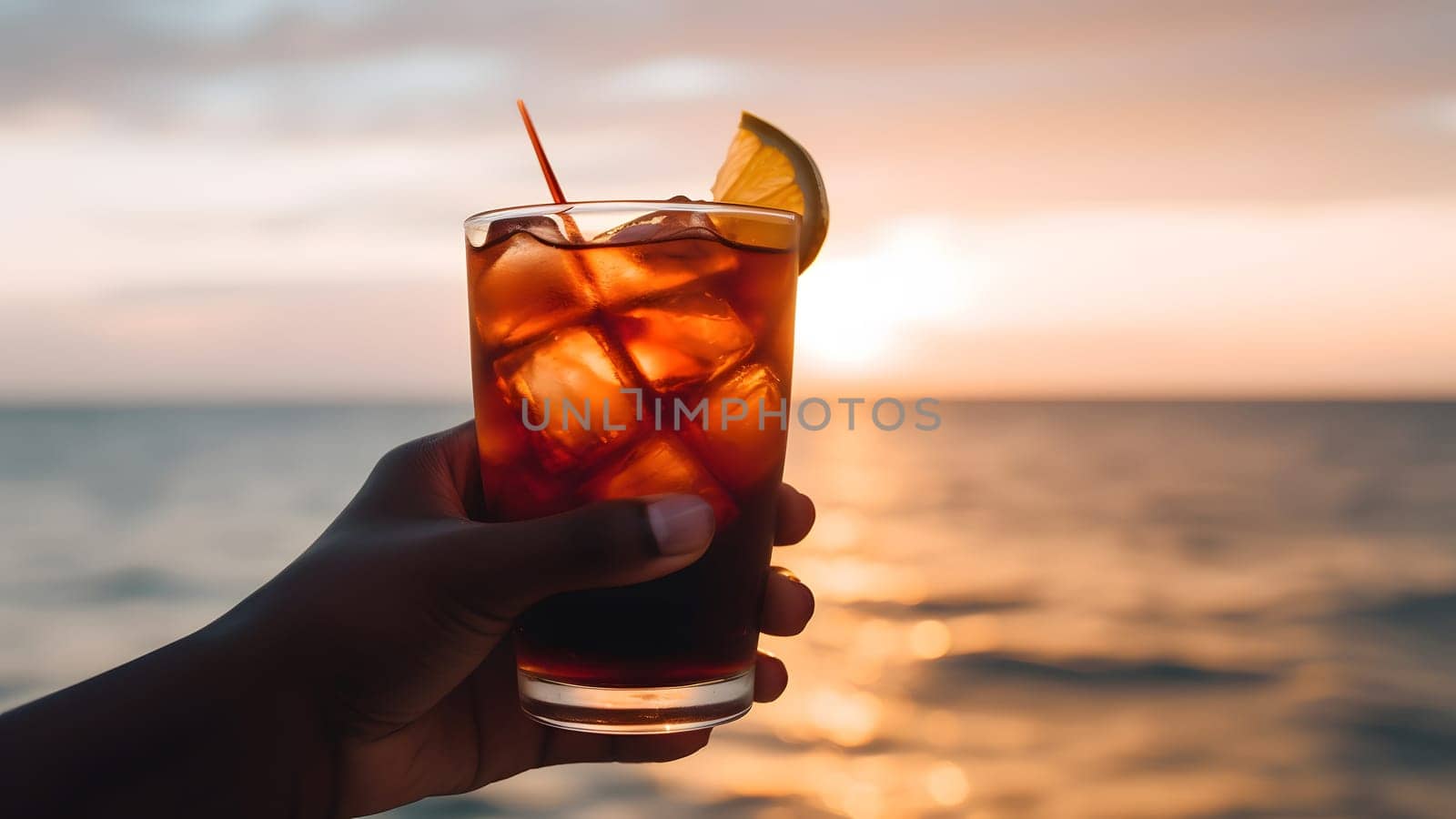 african american hand holding glass of cocktail on blurry sea horizon background at sunset, neural network generated image by z1b