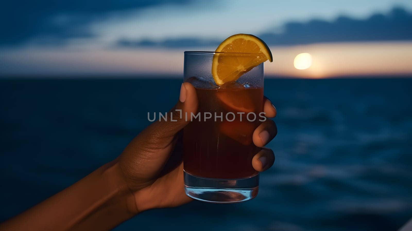 african american hand holding glass of cocktail on blurry sea horizon background at sunrise. Neural network generated in May 2023. Not based on any actual person, scene or pattern.