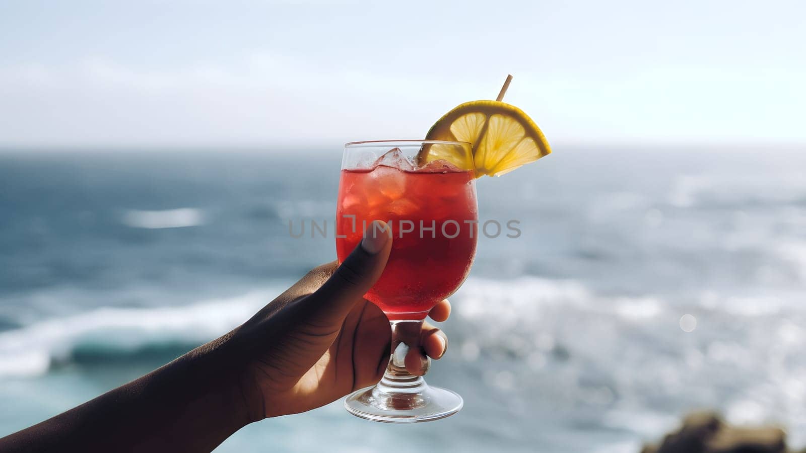 african american hand holding glass of cocktail on blurry sea horizon background at morning. Neural network generated in May 2023. Not based on any actual person, scene or pattern.