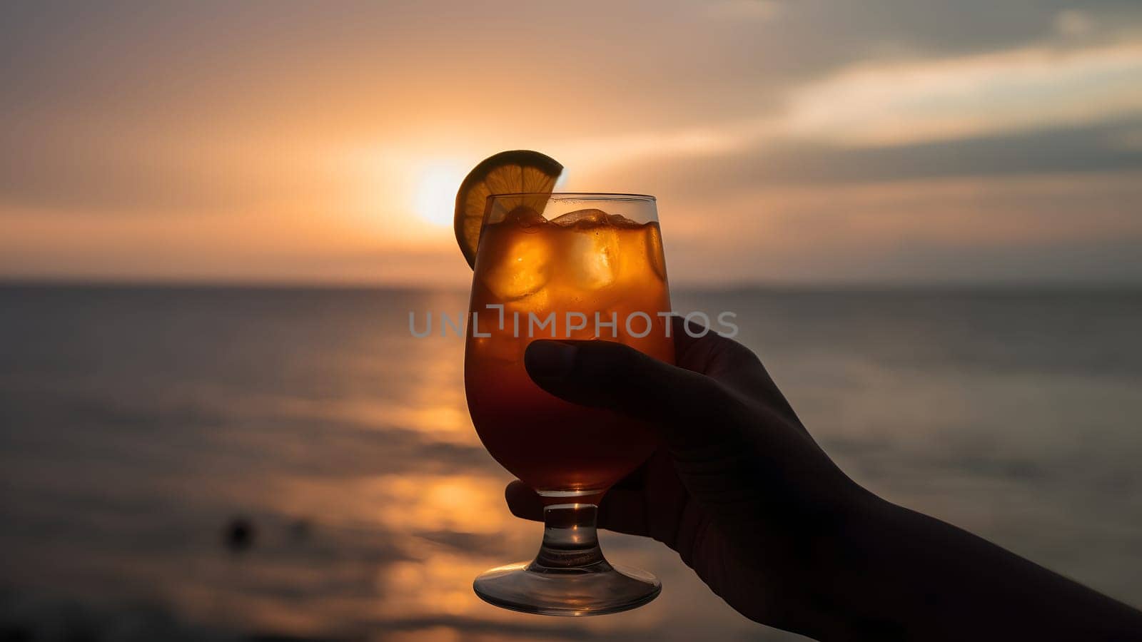 african american hand holding glass of cocktail on blurry sea horizon background. Neural network generated in May 2023. Not based on any actual person, scene or pattern.