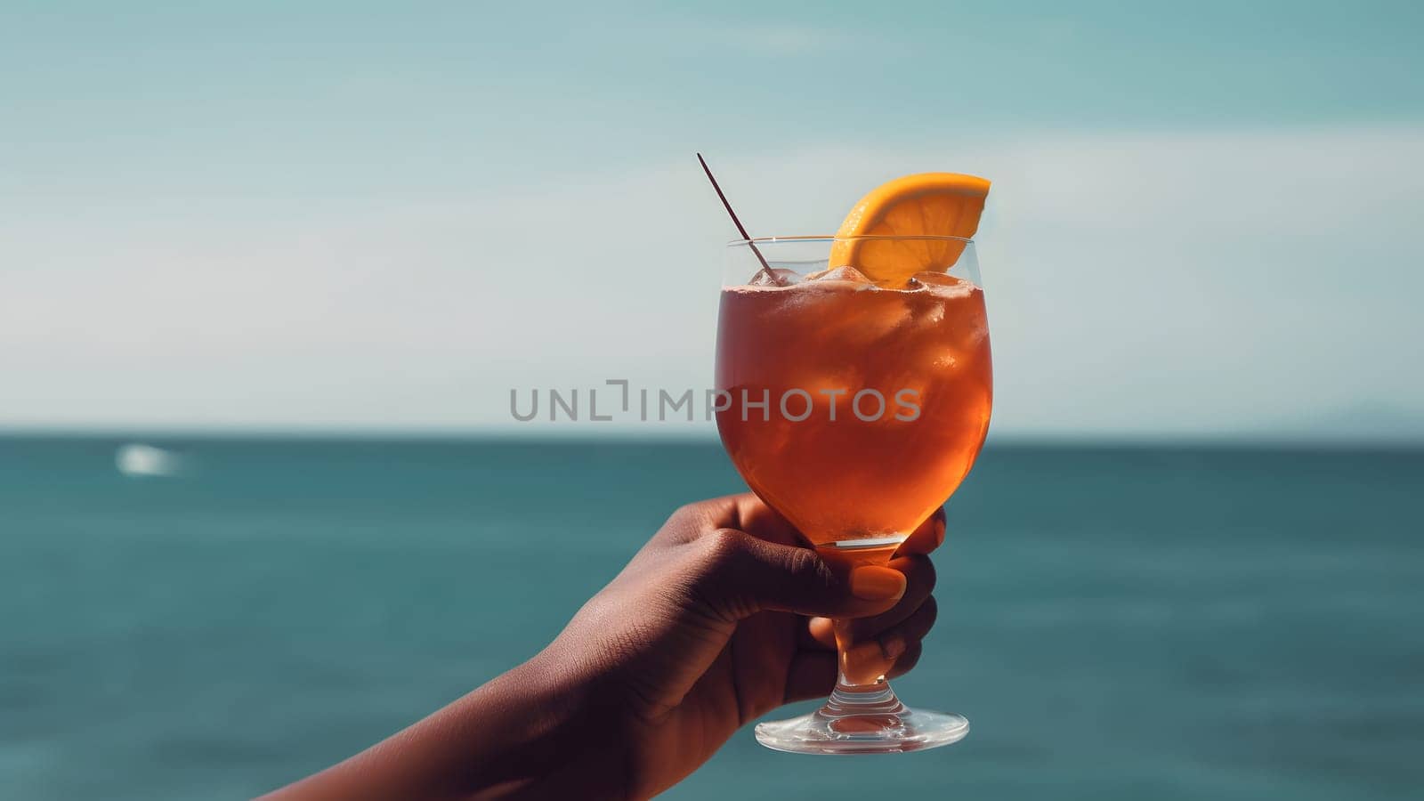 african american hand holding glass of cocktail on blurry sea horizon background at sunny day, neural network generated image by z1b