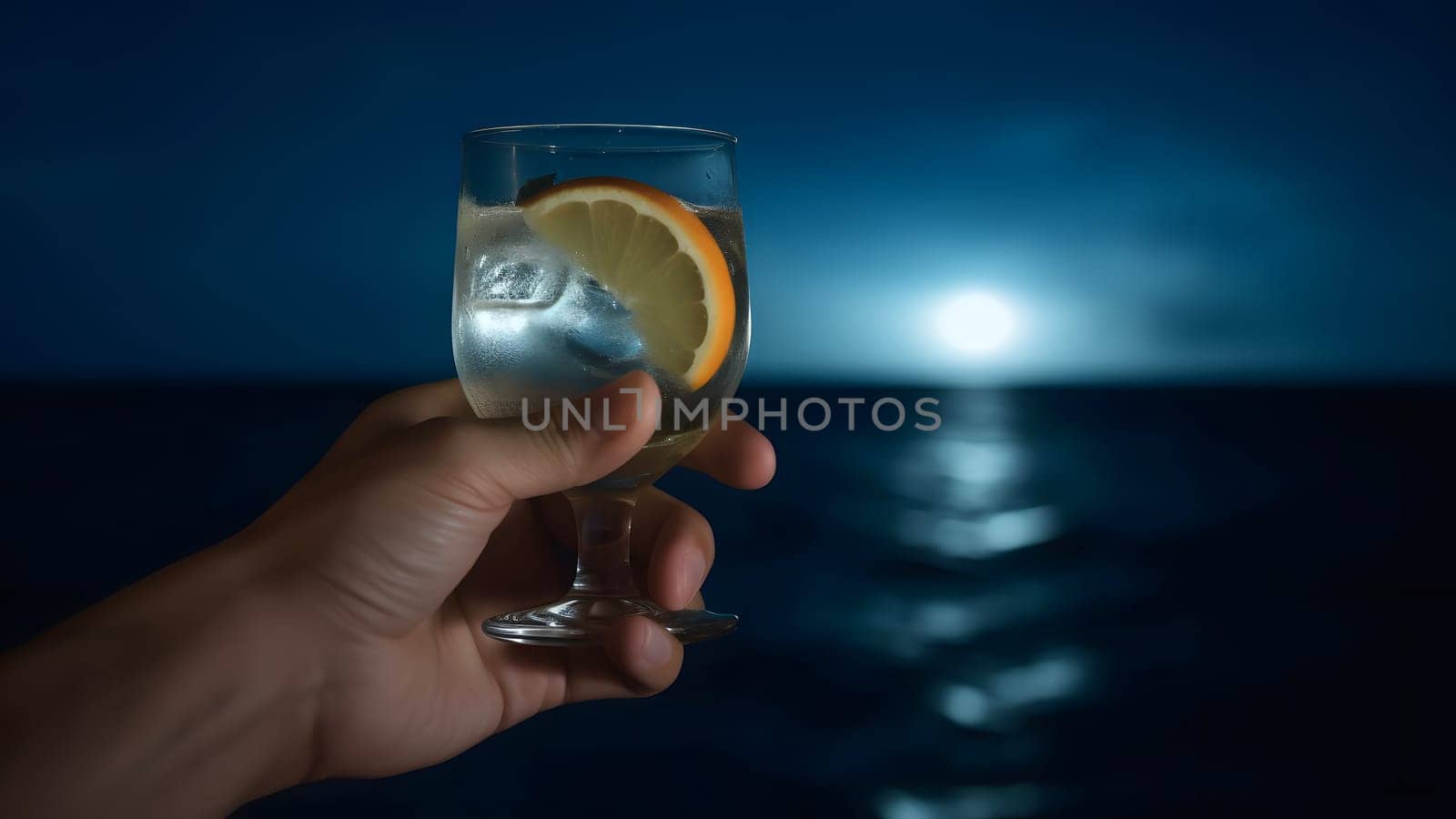 caucasian hand holding glass of cocktail on blurry sea horizon background at full moon night. Neural network generated in May 2023. Not based on any actual person, scene or pattern.