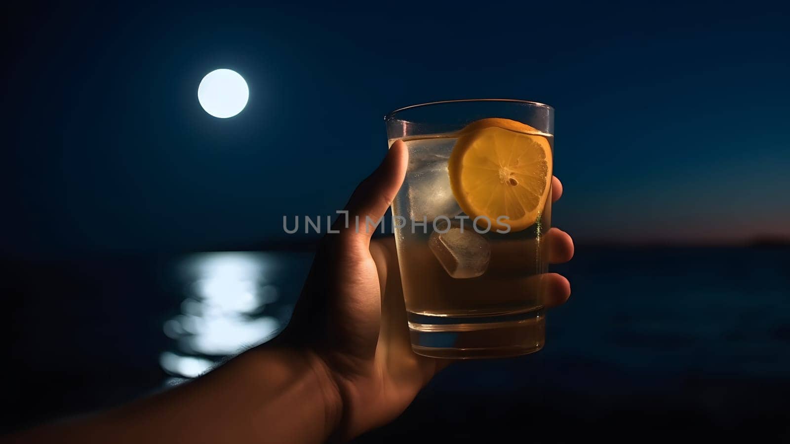 caucasian hand holding glass of cocktail on blurry sea horizon background at full moon night. Neural network generated in May 2023. Not based on any actual person, scene or pattern.