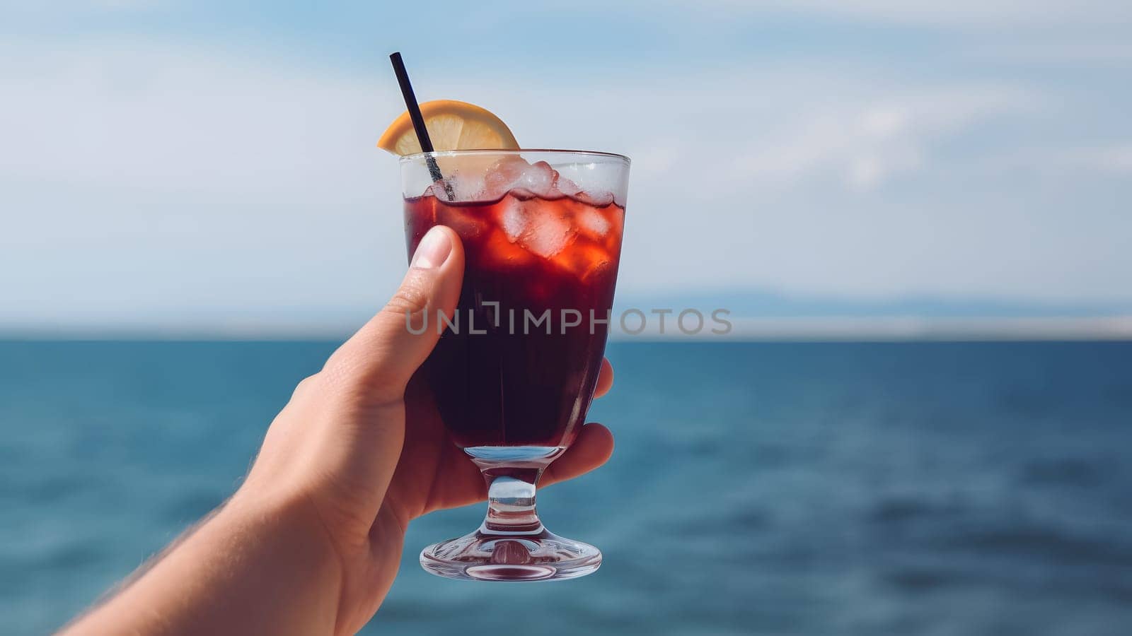 caucasian hand holding glass of red fruit cocktail on blurry sea horizon background at sunny day. Neural network generated in May 2023. Not based on any actual person, scene or pattern.