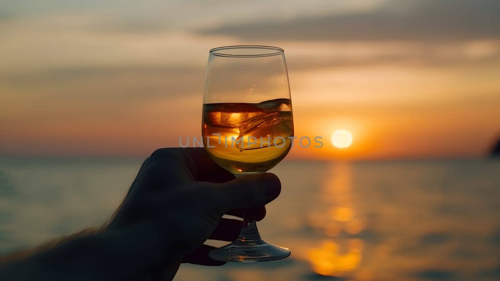 caucasian hand holding glass of cocktail on blurry sea horizon background at sunset. Neural network generated in May 2023. Not based on any actual person, scene or pattern.