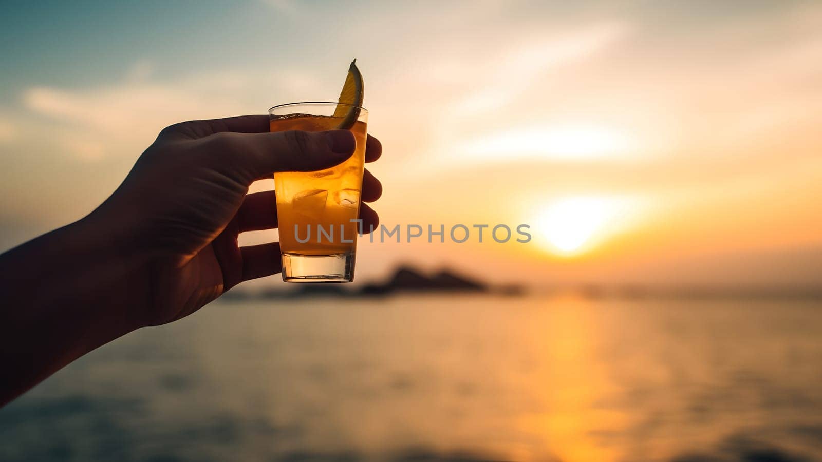 caucasian hand holding small glass of cocktail on blurry sea horizon background at sunset. Neural network generated in May 2023. Not based on any actual person, scene or pattern.