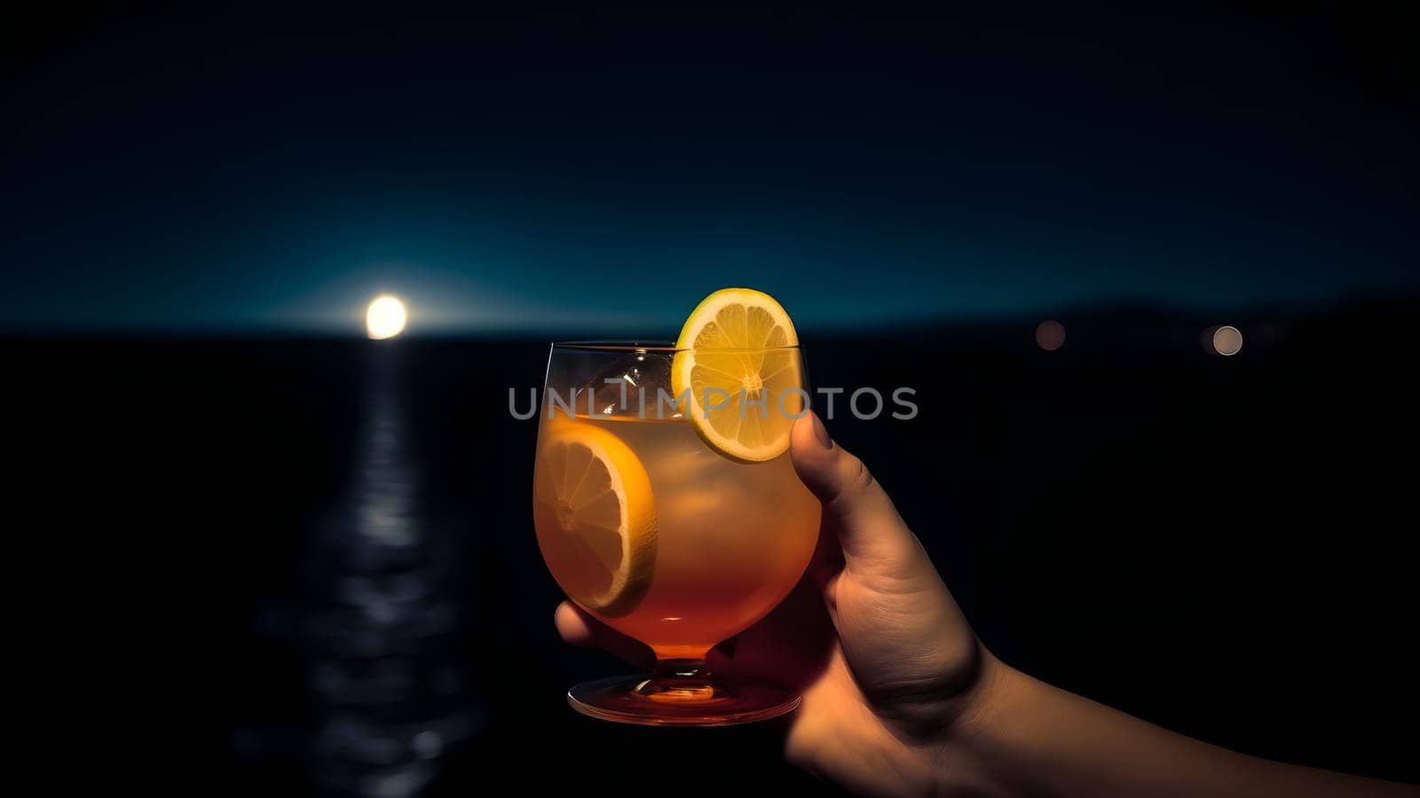 white hand holding glass of cocktail on blurry sea horizon background at full moon night. Neural network generated in May 2023. Not based on any actual person, scene or pattern.