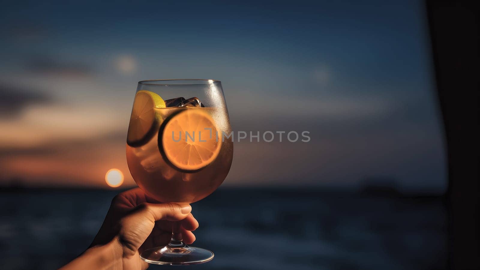 caucasian hand holding glass of cocktail on blurry sea horizon background at sunset. Neural network generated in May 2023. Not based on any actual person, scene or pattern.