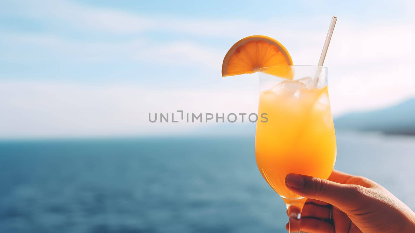 caucasian woman hand holding glass of red fruit cocktail on blurry sea horizon background at sunny day. Neural network generated in May 2023. Not based on any actual person, scene or pattern.