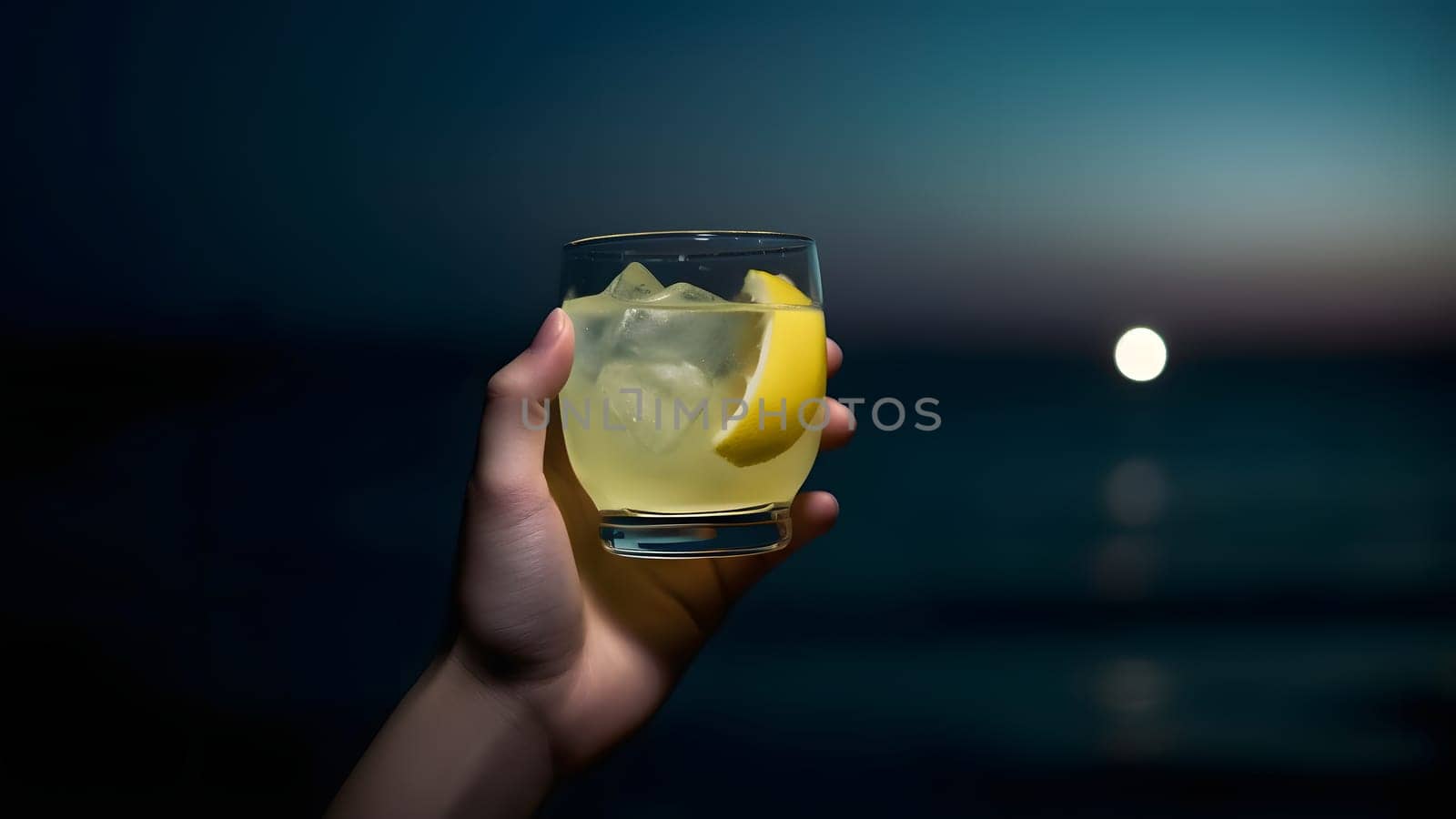 human hand holding glass of cocktail on blurry sea horizon background at full moon night. Neural network generated in May 2023. Not based on any actual person, scene or pattern.