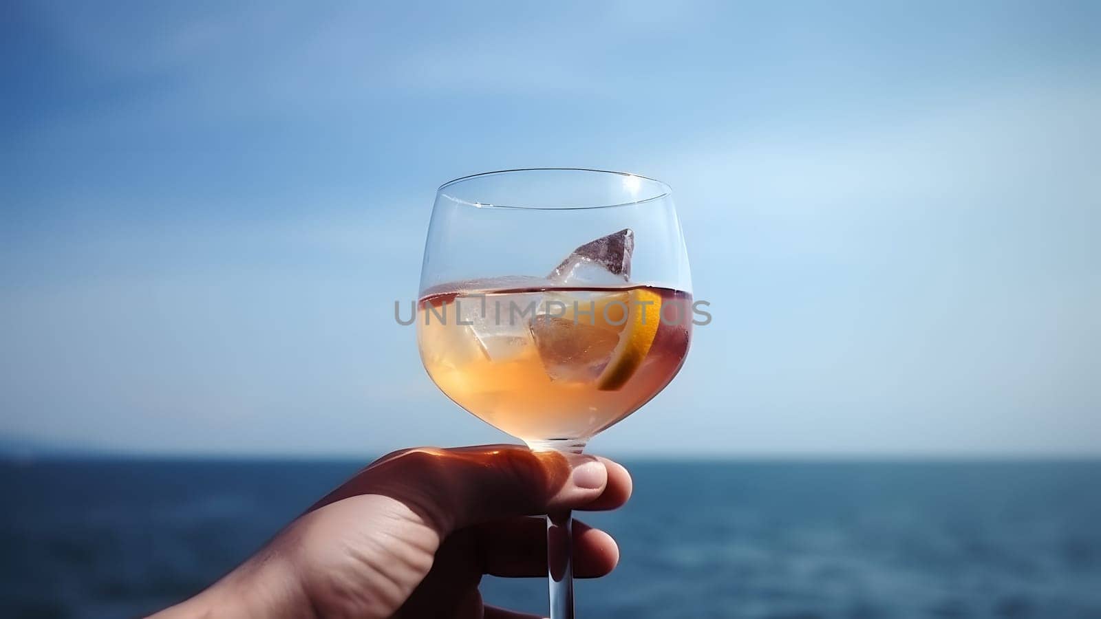 caucasian hand holding glass of red fruit cocktail on blurry sea horizon background at sunny day. Neural network generated in May 2023. Not based on any actual person, scene or pattern.