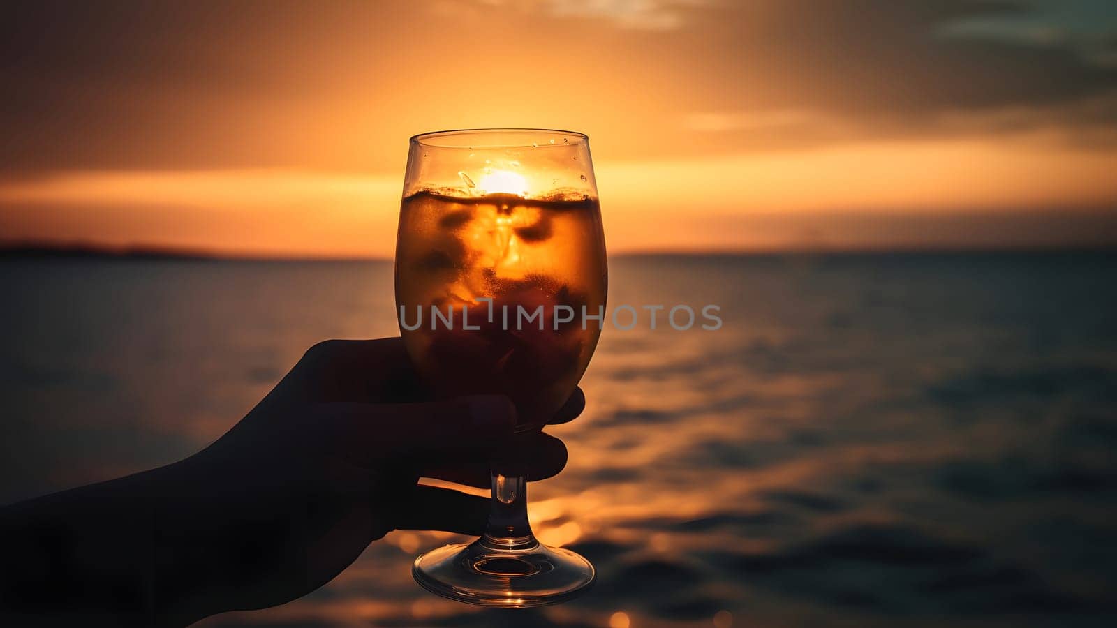 hand holding glass of cocktail on blurry sea horizon background at sunset. Neural network generated in May 2023. Not based on any actual person, scene or pattern.