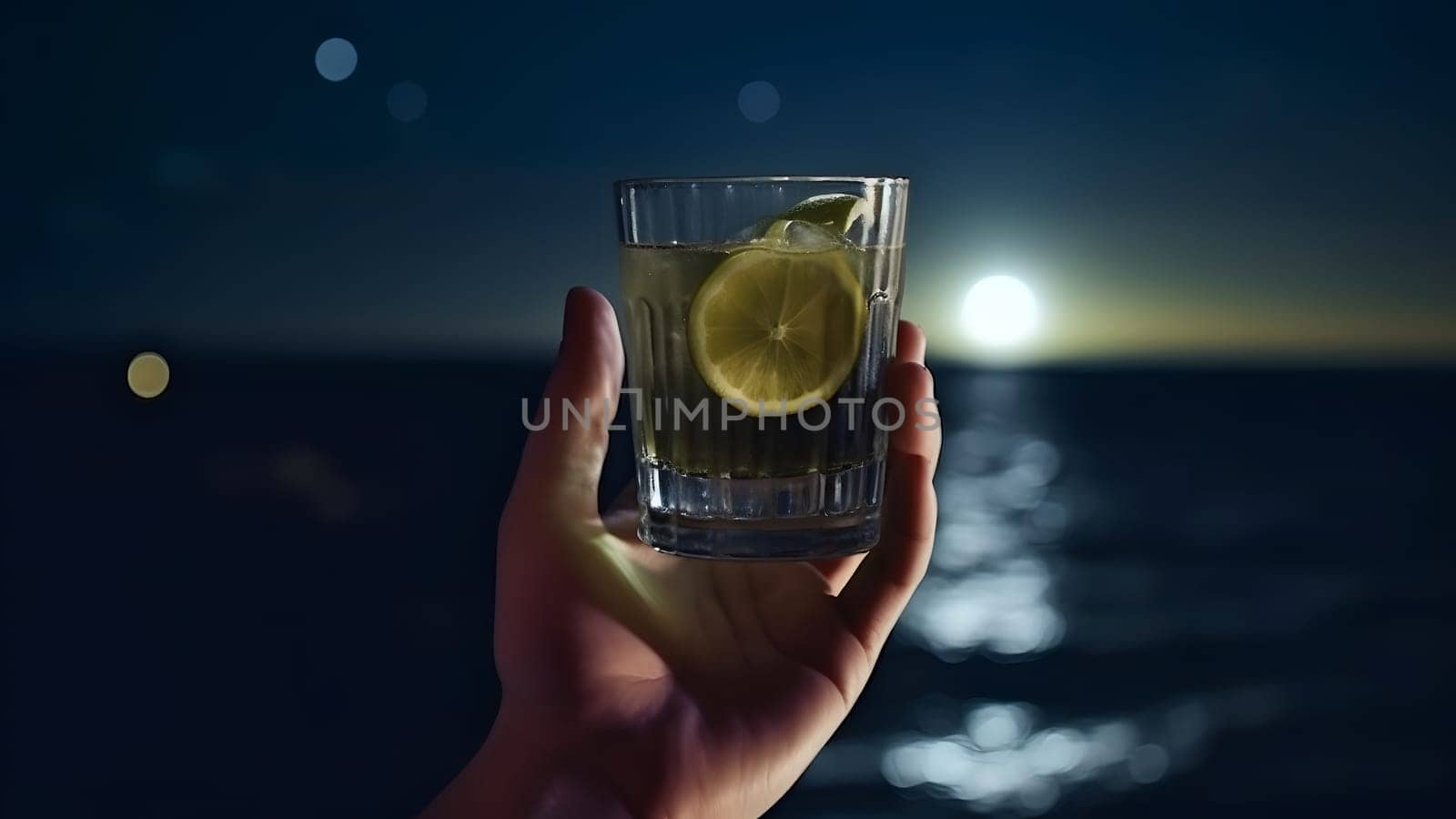 white hand holding glass of cocktail on blurry sea horizon background at full moon night. Neural network generated in May 2023. Not based on any actual person, scene or pattern.