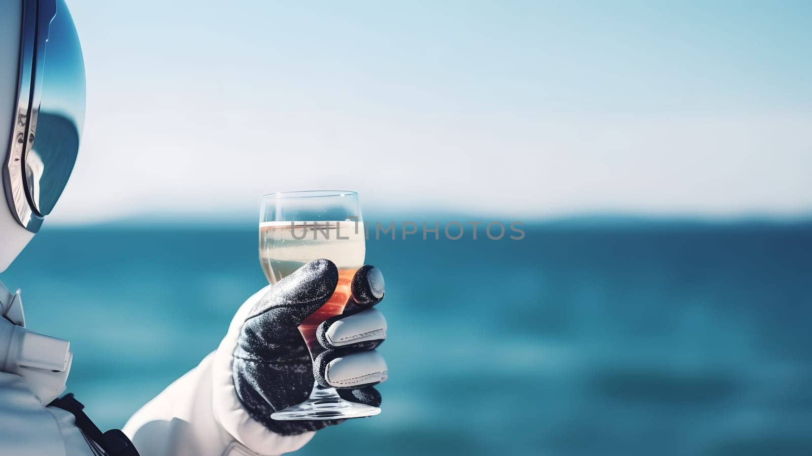 cosmonaut in space suit holding glass of cocktail on blurry sea horizon background at sunny day. Neural network generated in May 2023. Not based on any actual person, scene or pattern.