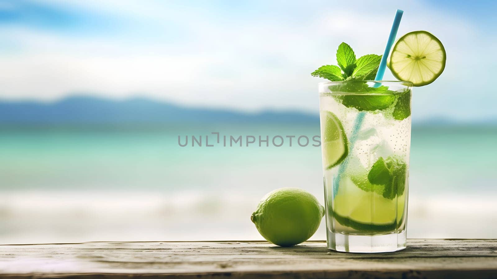 a glass of refreshing mint mojito summer drink on sea background at sunny day, closeup with selective focus and copy space, neural network generated image by z1b